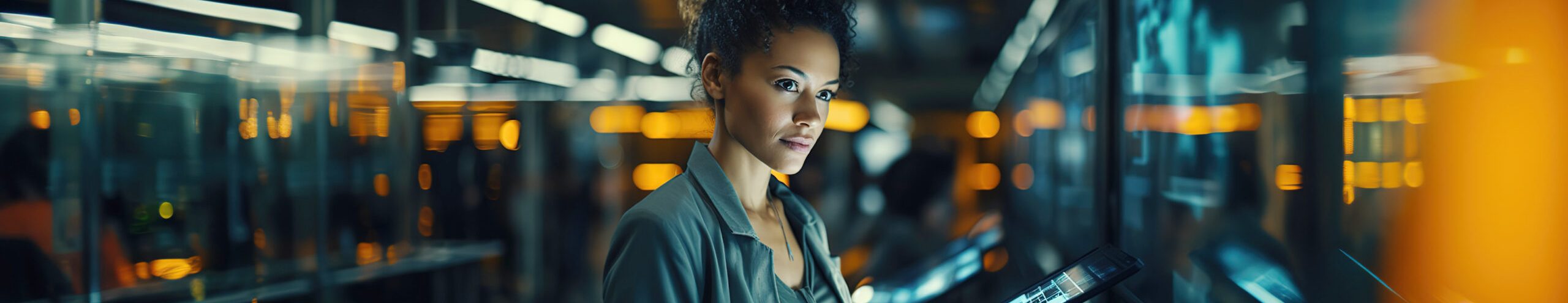 Black female, Chief Technology Officer, using a tablet standing in Big Data Center